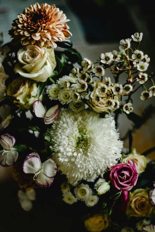 Close-up arrangement of mixed flowers including white chrysanthemum, cream roses, pink roses, waxflowers and purple-edged petals.