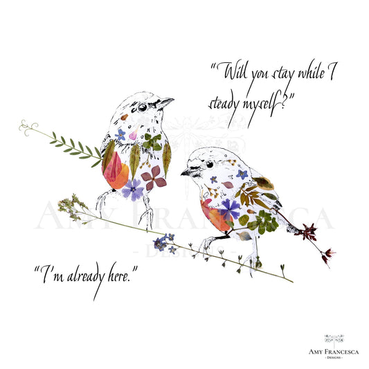 Panel featuring two birds on a branch with accompanying dialogue on a white background.