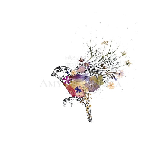 Illustration of a bird in flight with fine illustration detail and botanical elements integrated into the wings and body.