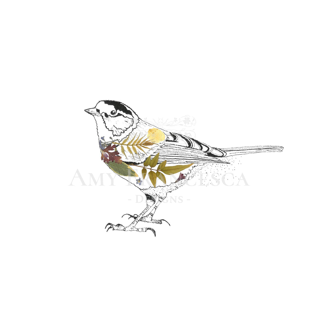 Illustration of a Great Tit with botanical elements integrated into the wings and body.