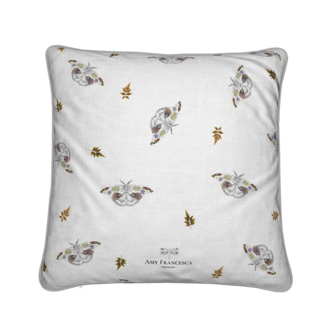 Cushion featuring a repeating moth pattern on a white background.