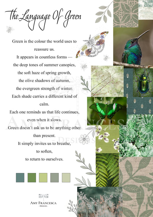 Collage combining botanical illustrations, green‑toned photographs, insects, leaves and colour swatches arranged around a text panel on the left.