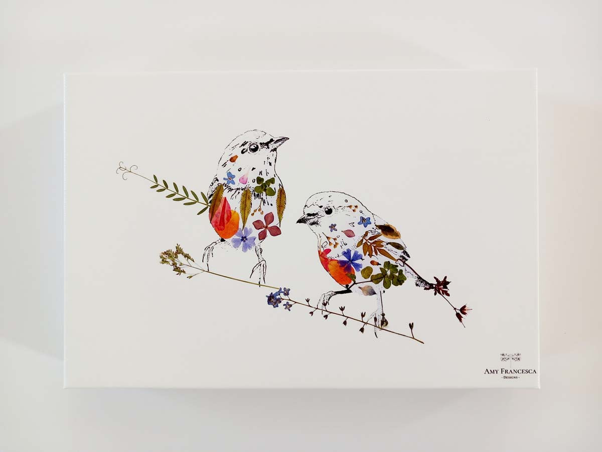 Canvas print featuring two birds perched on branches on a white background.