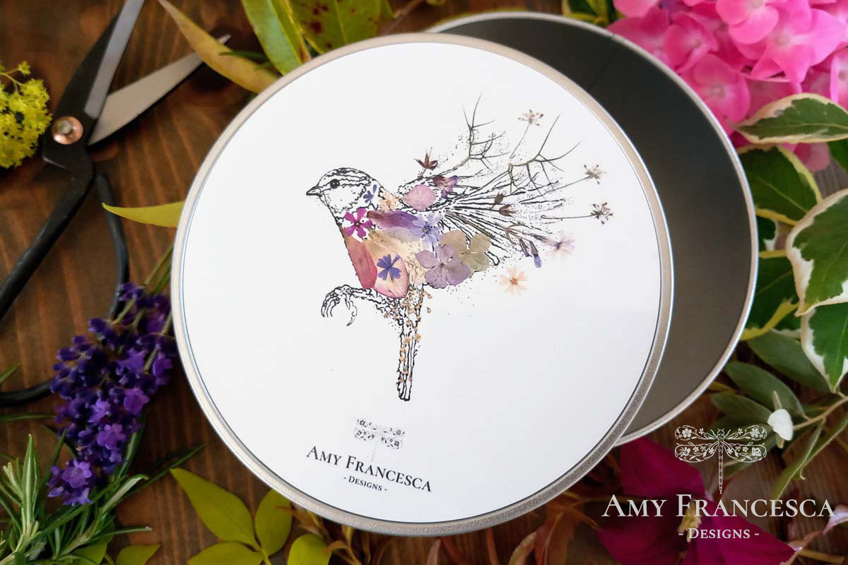 Round storage tin featuring a bird illustration, shown with surrounding flowers and scissors.