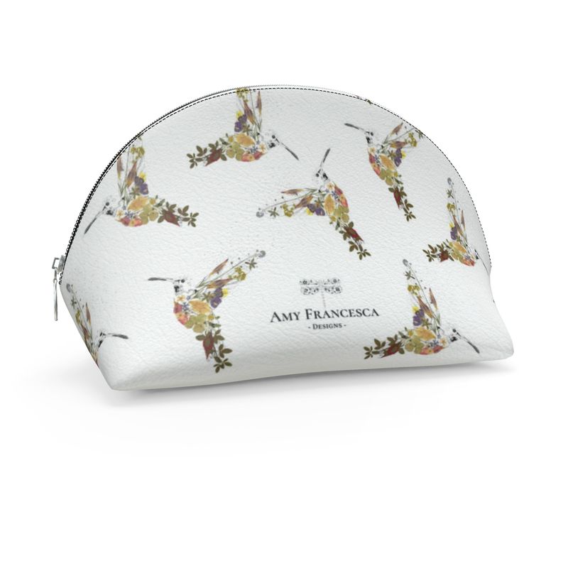 Cosmetic case featuring a repeating hummingbird pattern on a white background.