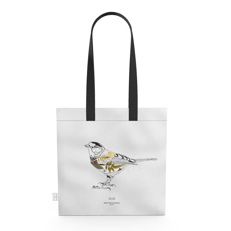Tote bag featuring a bird illustration with coloured detailing on a white background with black handles.