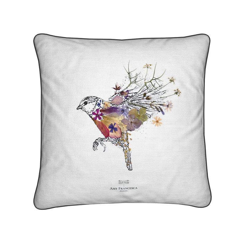 Cushion featuring a single bird illustration on a white background.