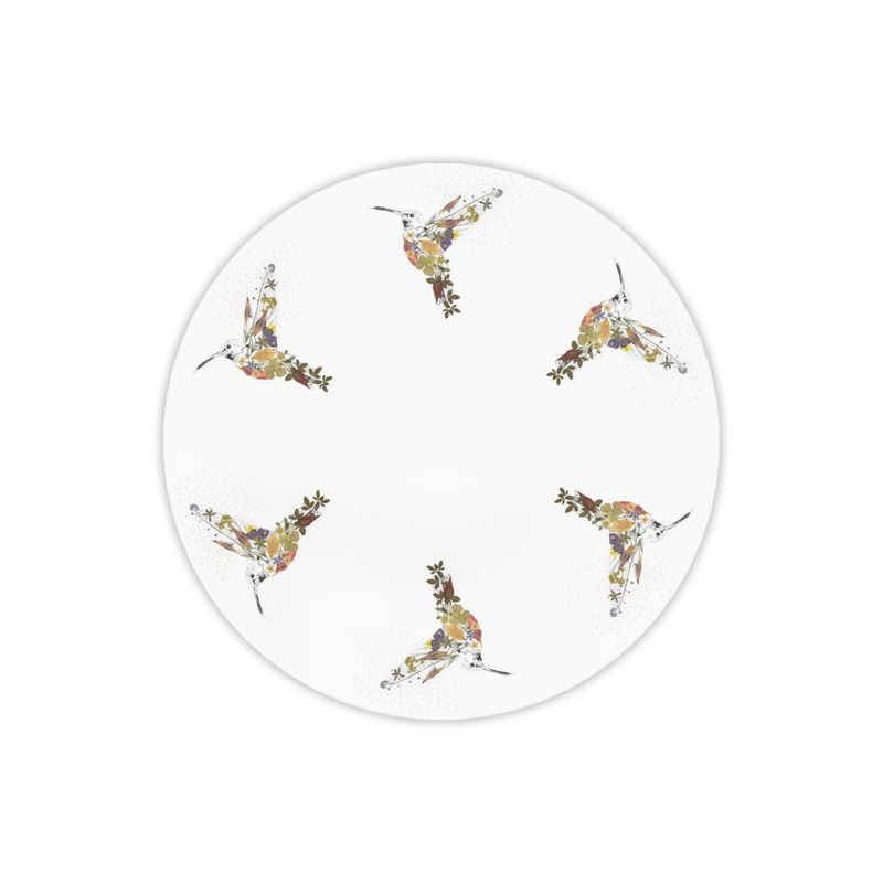 Decorative plate featuring hummingbird illustrations arranged in a circular pattern.