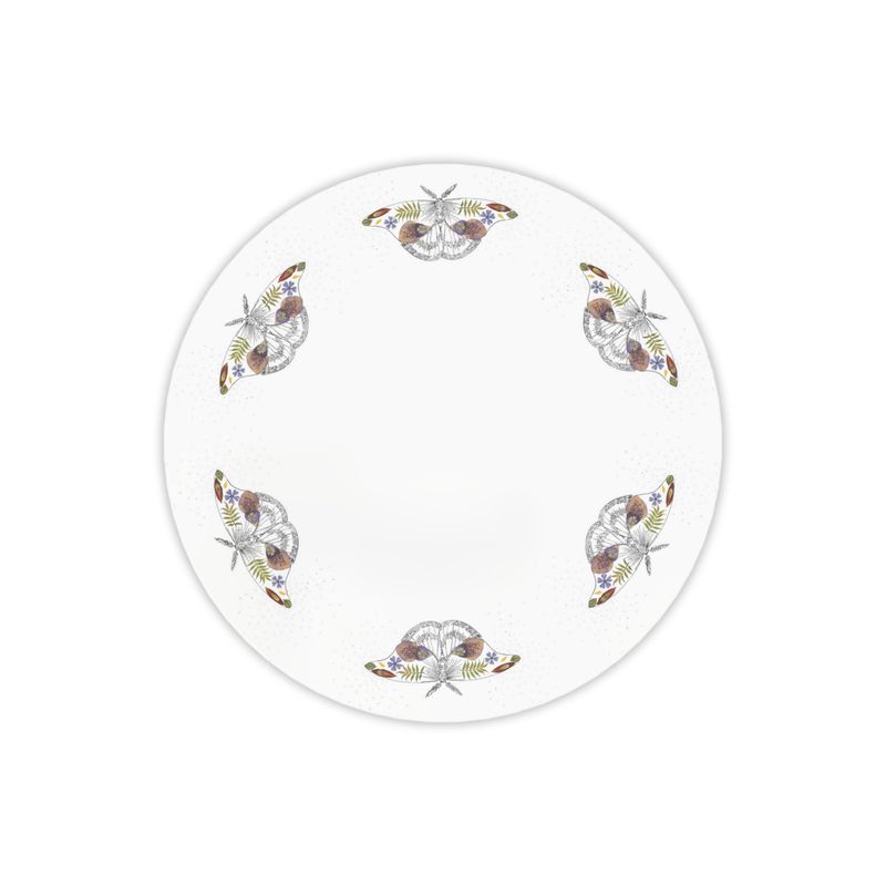Decorative plate featuring moth illustrations arranged around the rim.
