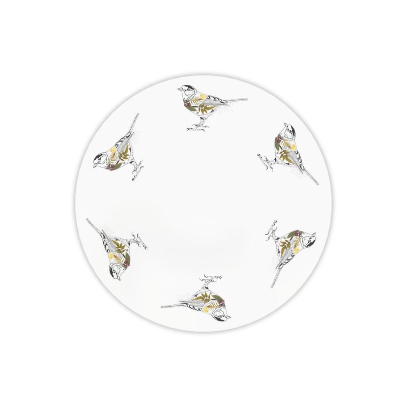 Decorative plate featuring bird illustrations arranged in a circular pattern.