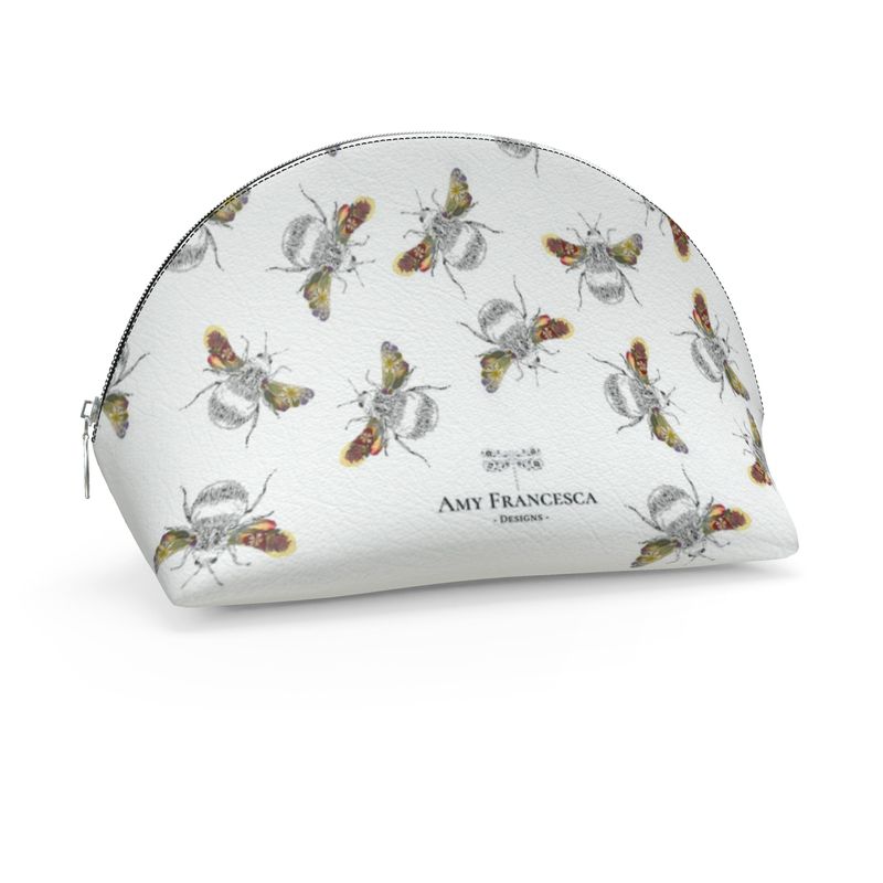 Cosmetic case featuring a repeating bee pattern on a white background.