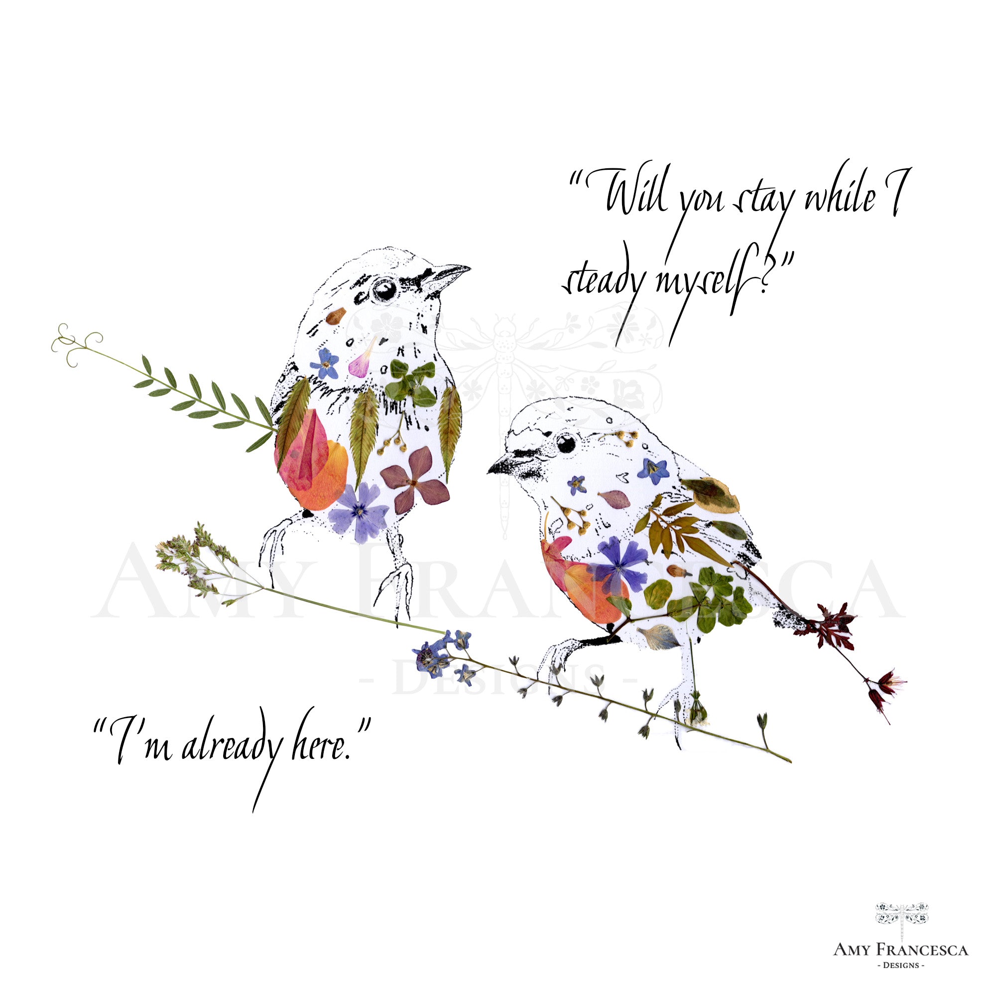 Panel featuring two birds on a branch with accompanying dialogue on a white background.