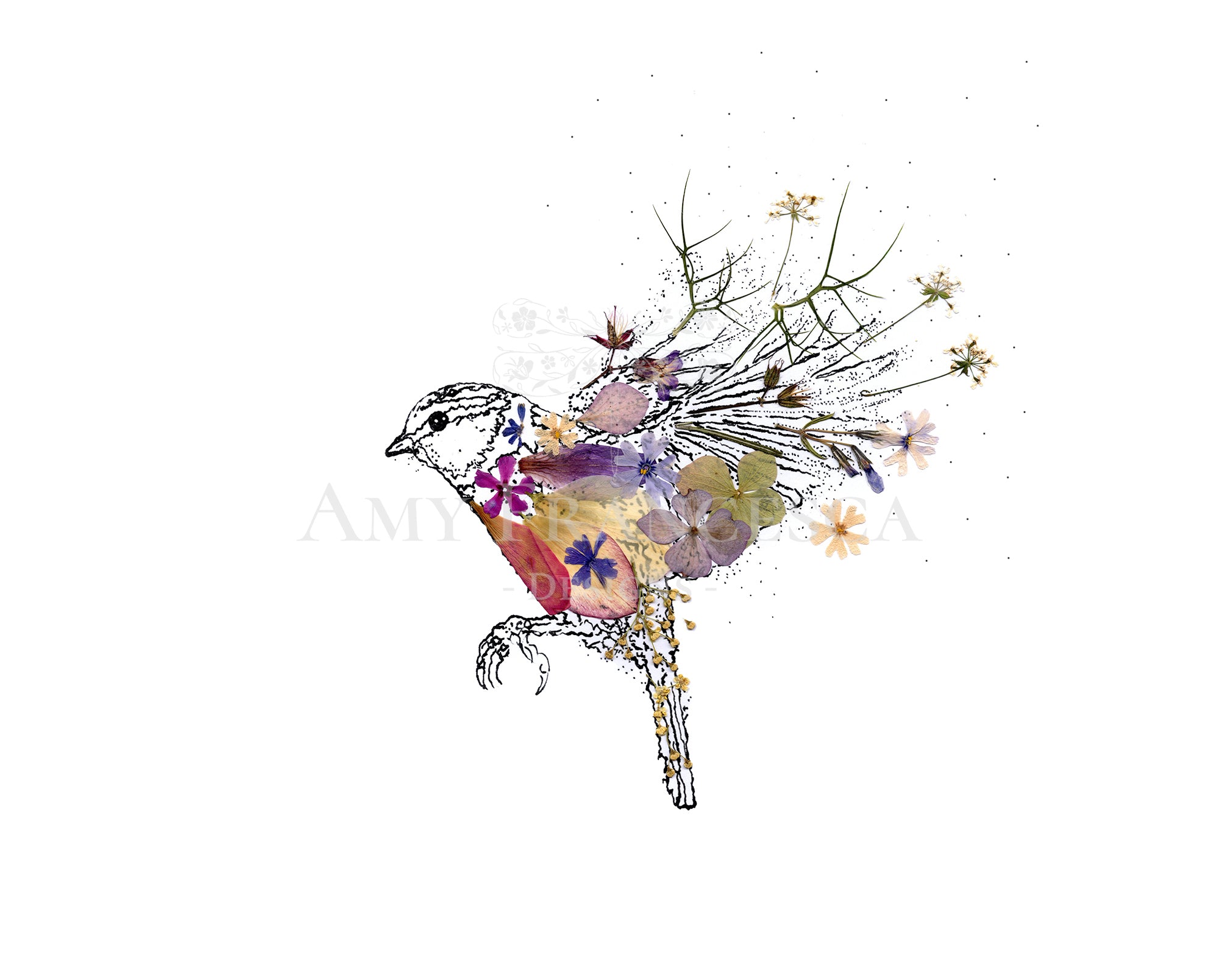 Illustration of a bird in flight with botanical elements integrated into the wings and body.
