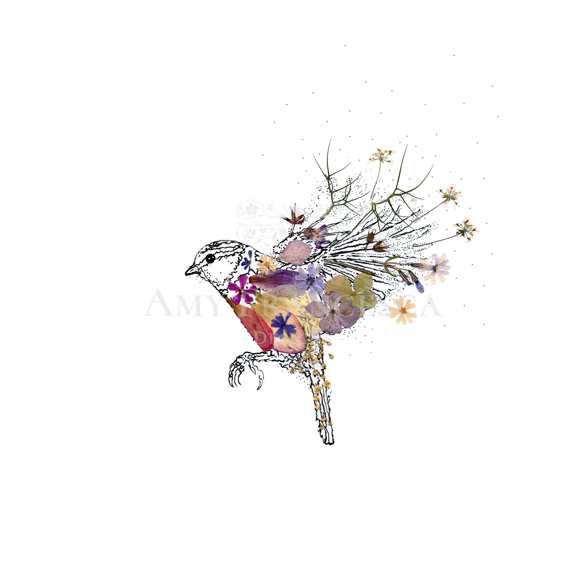 Illustration of a bird in flight with botanical elements integrated into the wings and body.