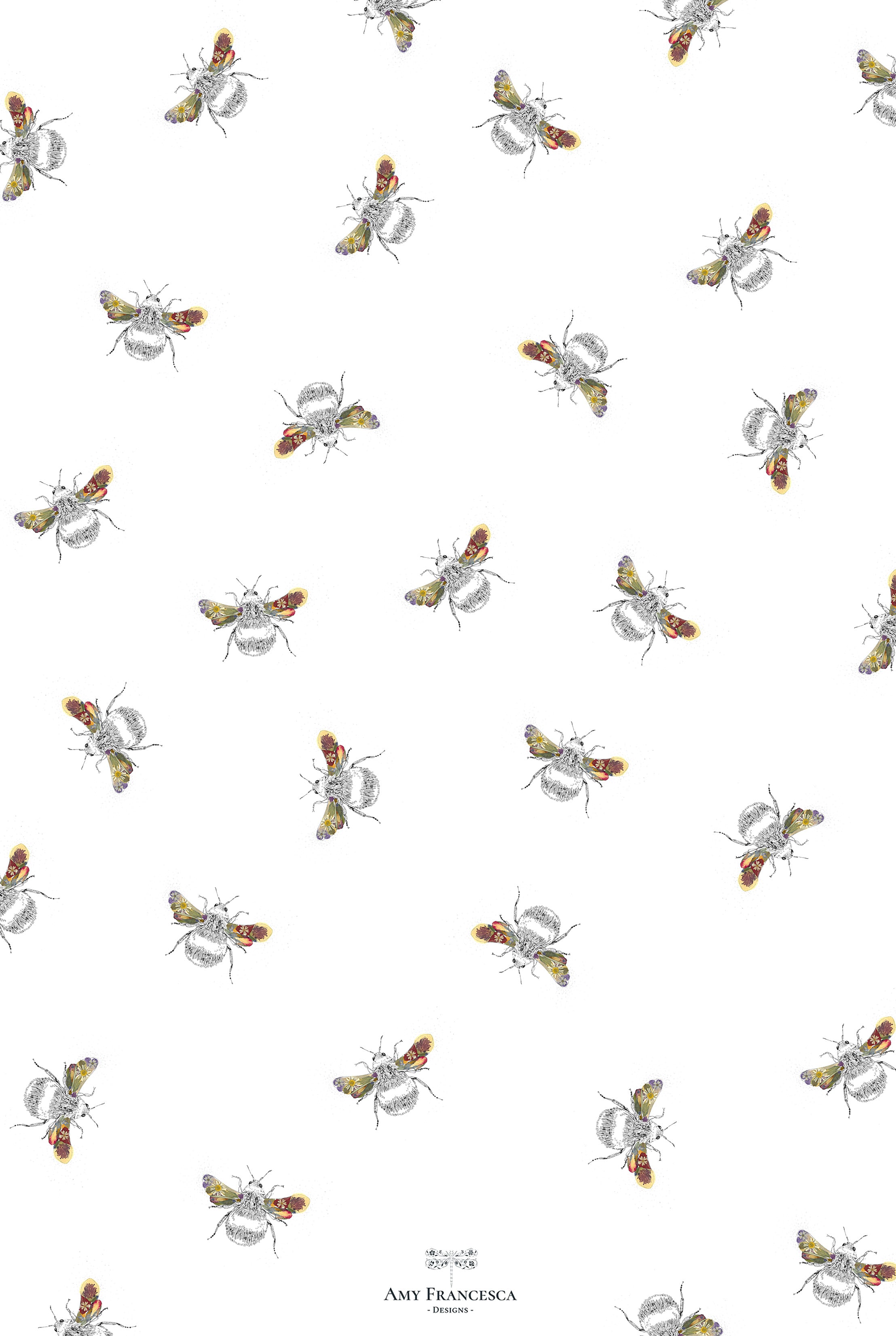 Tea towel featuring a repeating bee pattern on a white background.