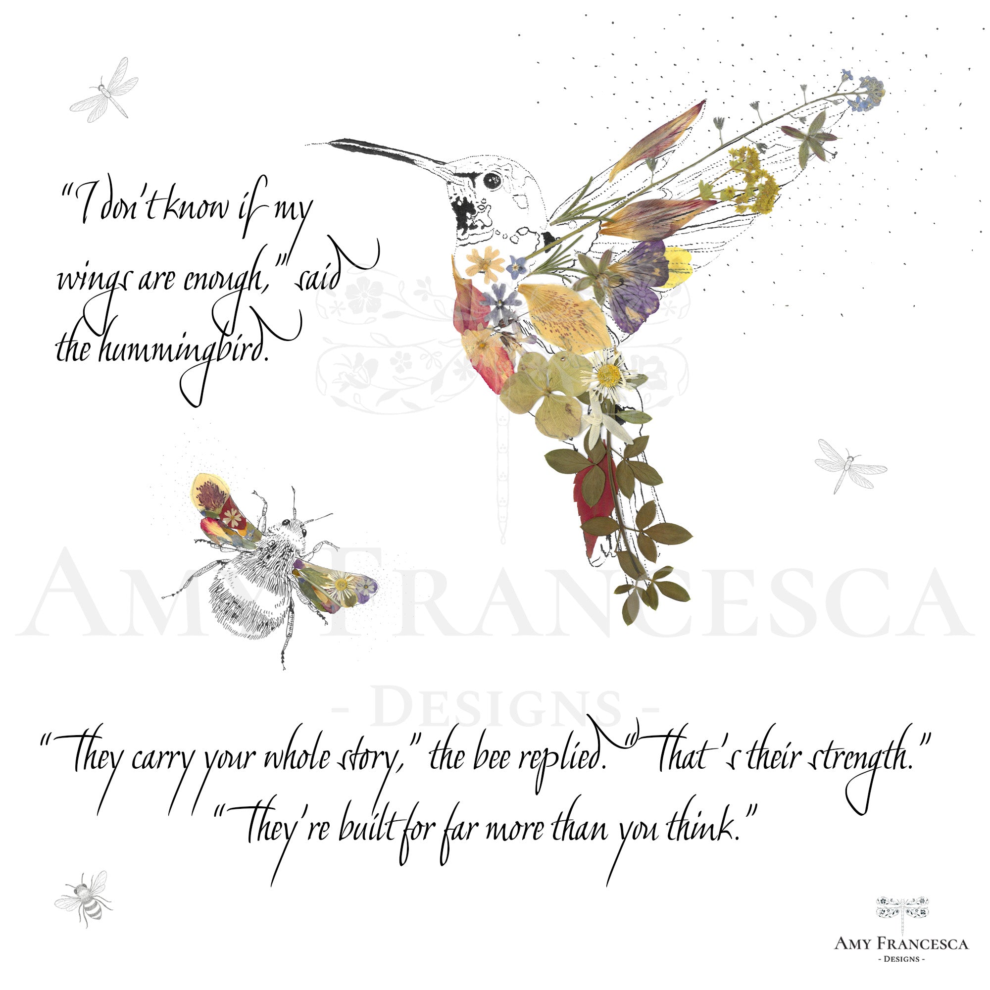 Panel featuring a hummingbird and a bee with accompanying dialogue on a white background.