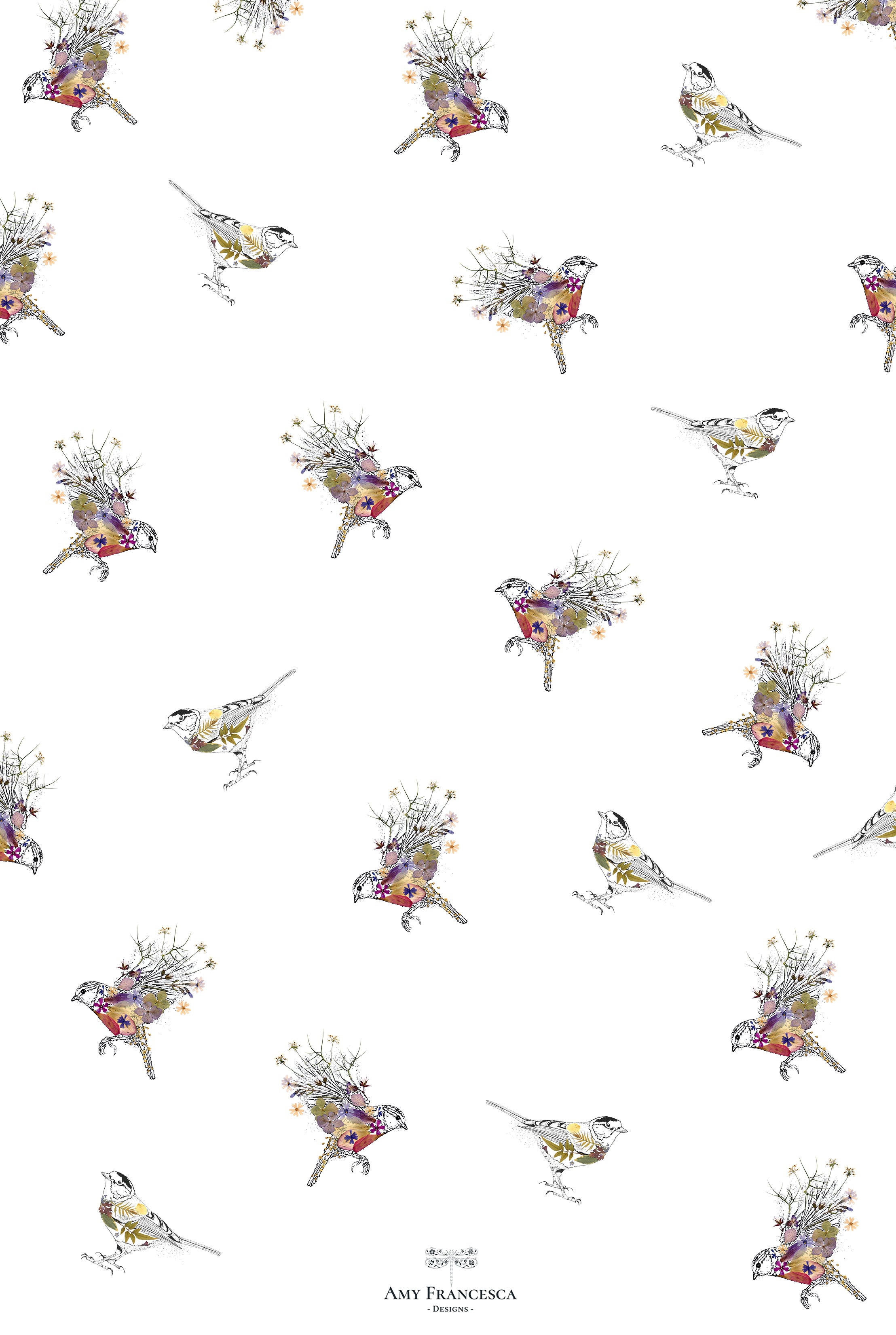 Tea towel featuring a repeating bird pattern with floral elements.