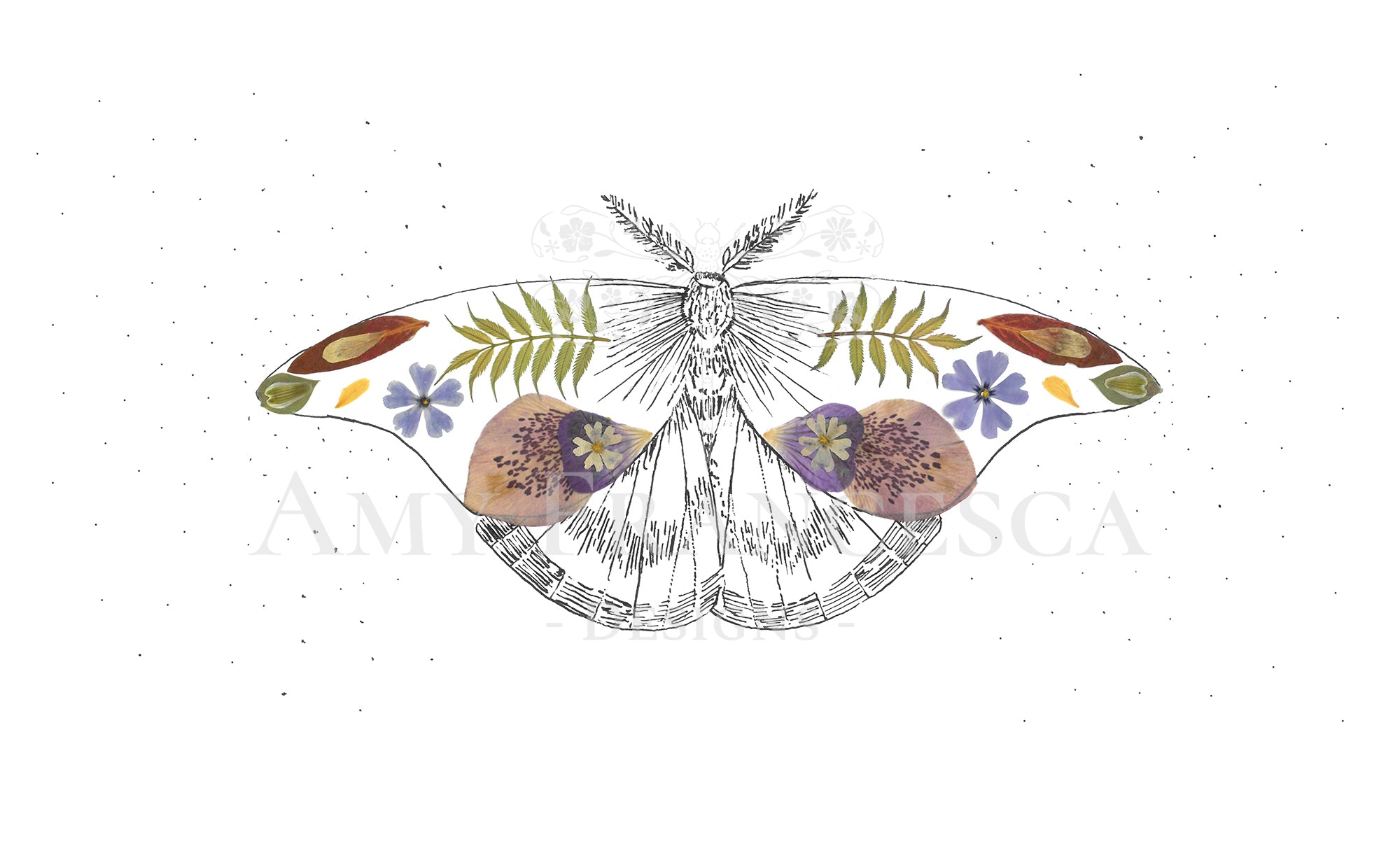 Illustration of a moth with botanical elements integrated into the wings.