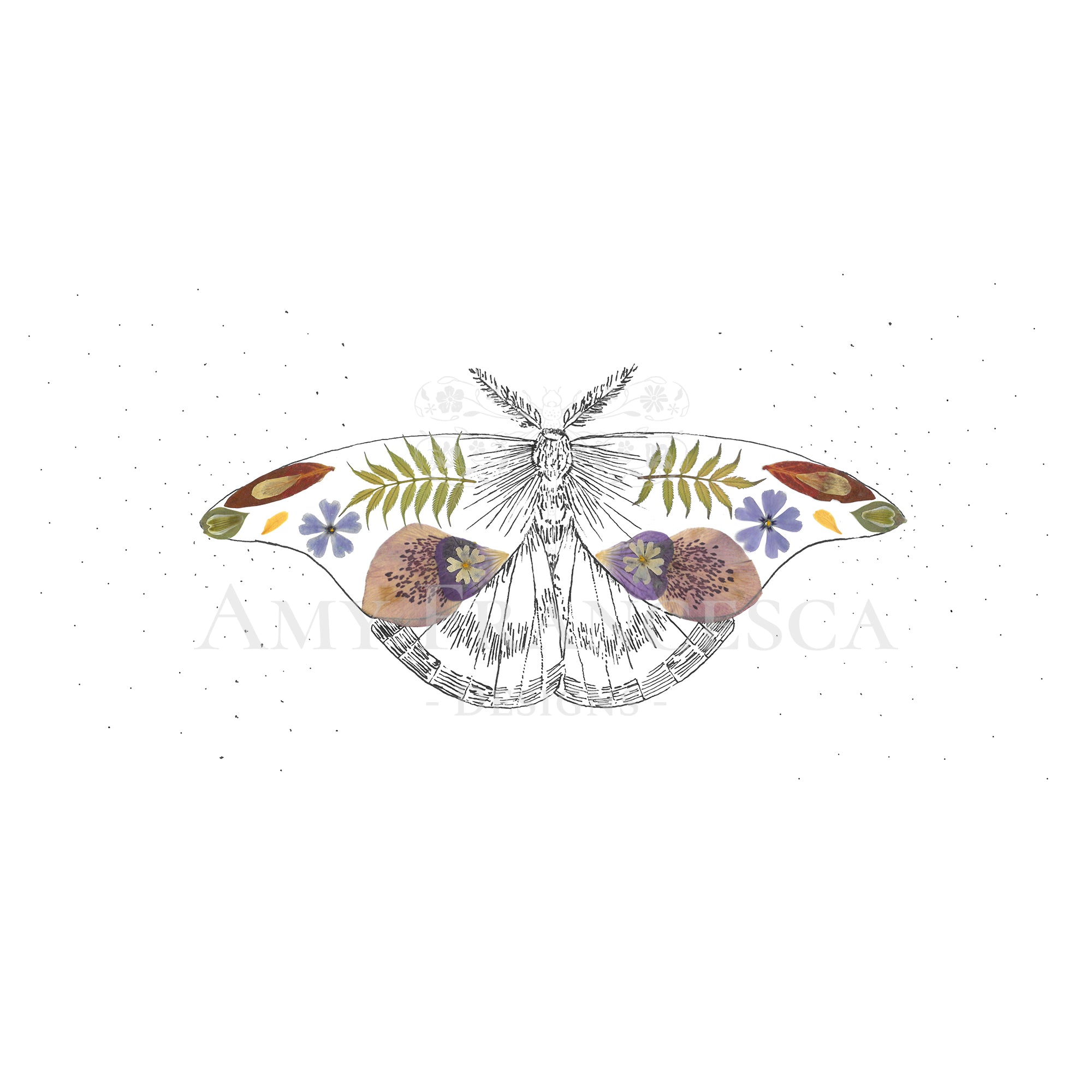 Illustration of a moth with botanical elements integrated into the wings.