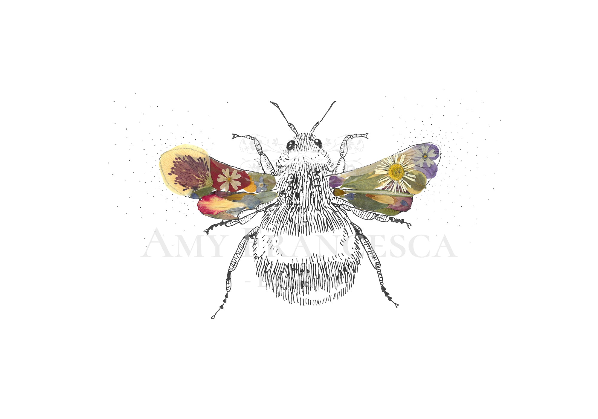 Illustration of a bee with botanical elements integrated into the wings.