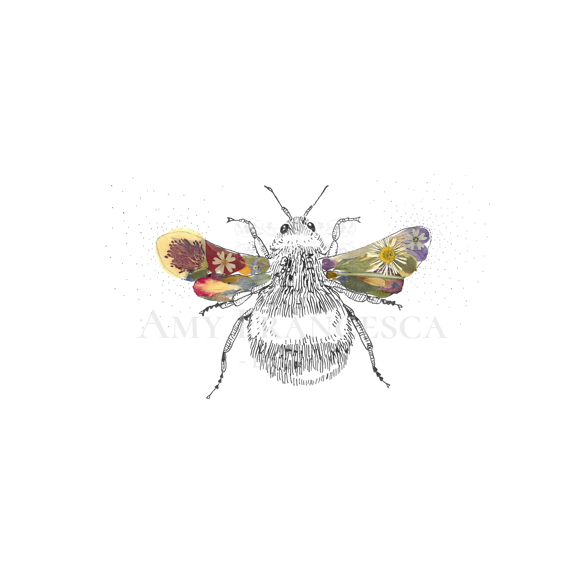 Illustration of a bee with botanical elements integrated into the wings.