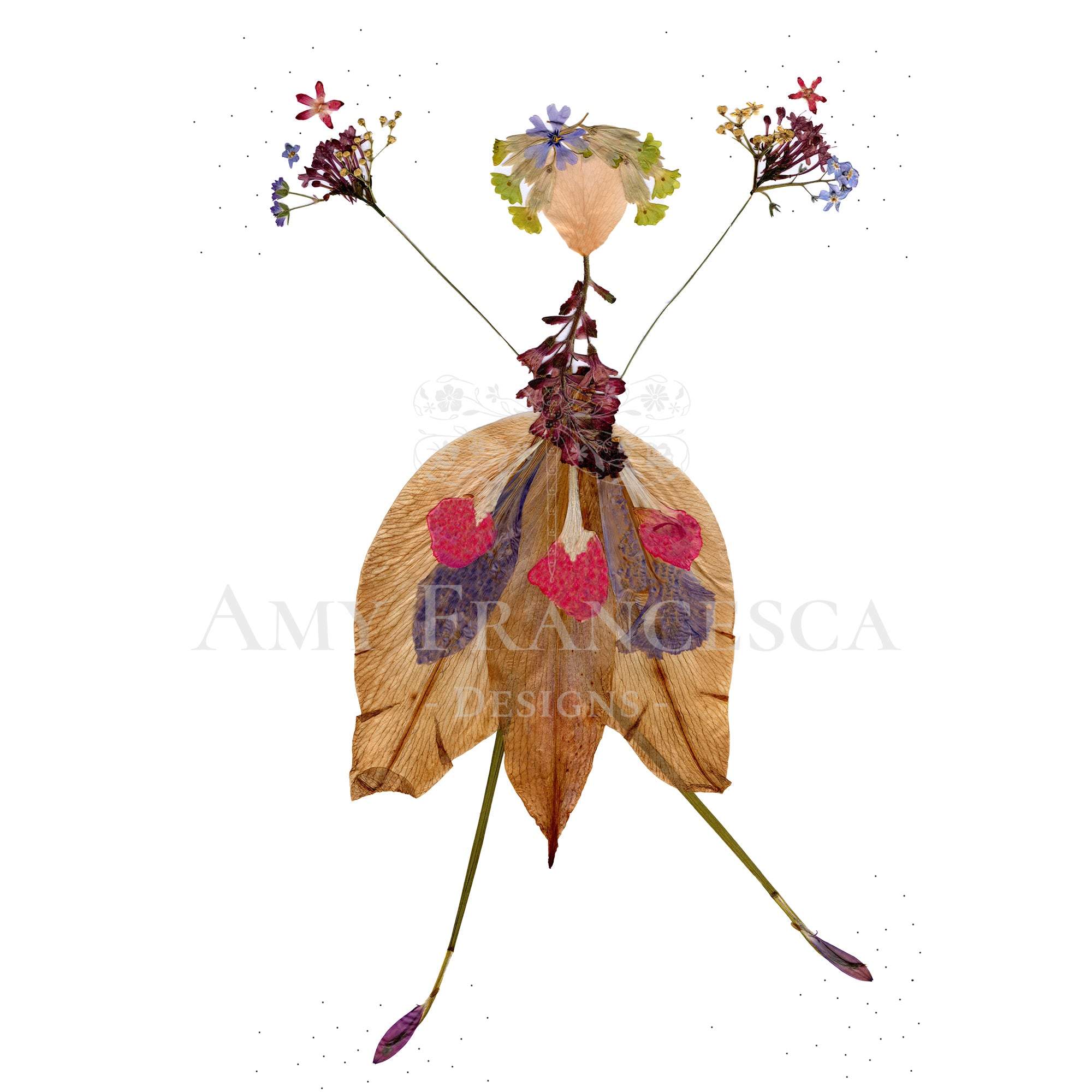 Botanical composition arranged to resemble a stylised figure made from pressed flowers and leaves.