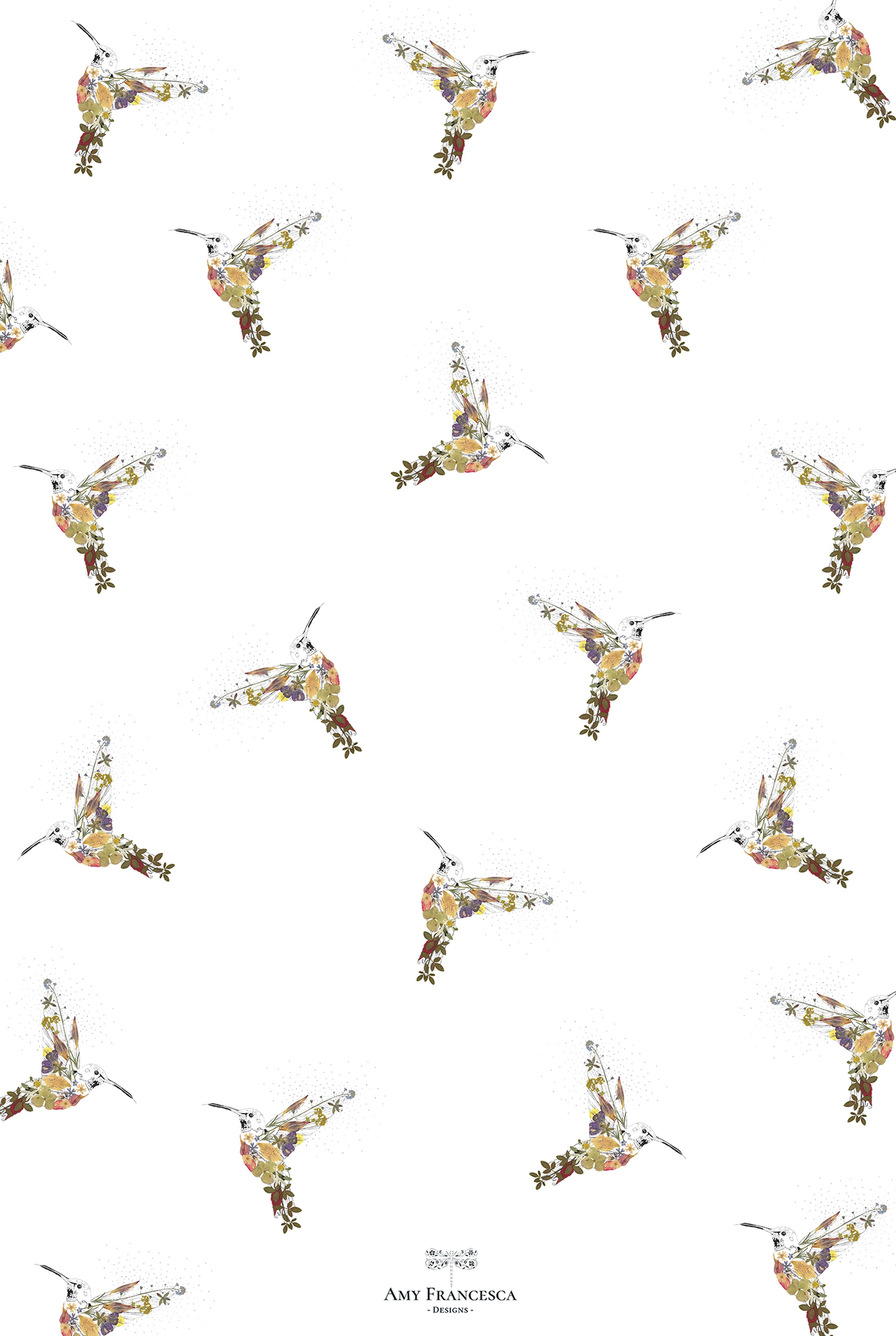 Tea towel featuring a repeating hummingbird pattern on a white background.