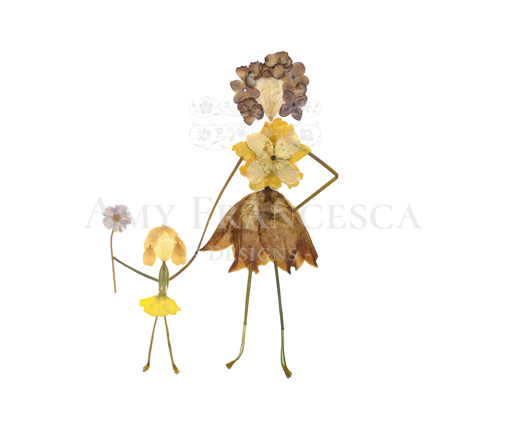 Botanical composition arranged to resemble two stylised figures made from pressed flowers and stems.
