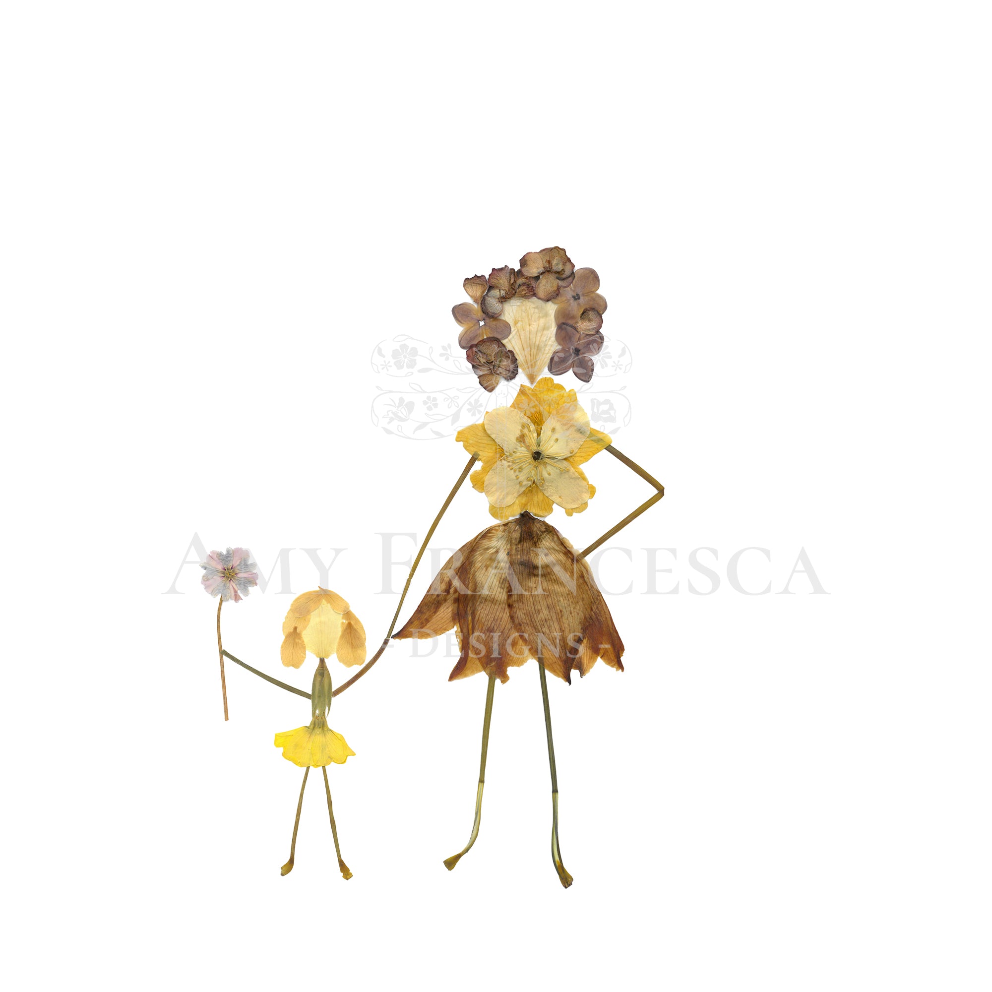 Botanical composition arranged to resemble two stylised figures made from pressed flowers and stems.