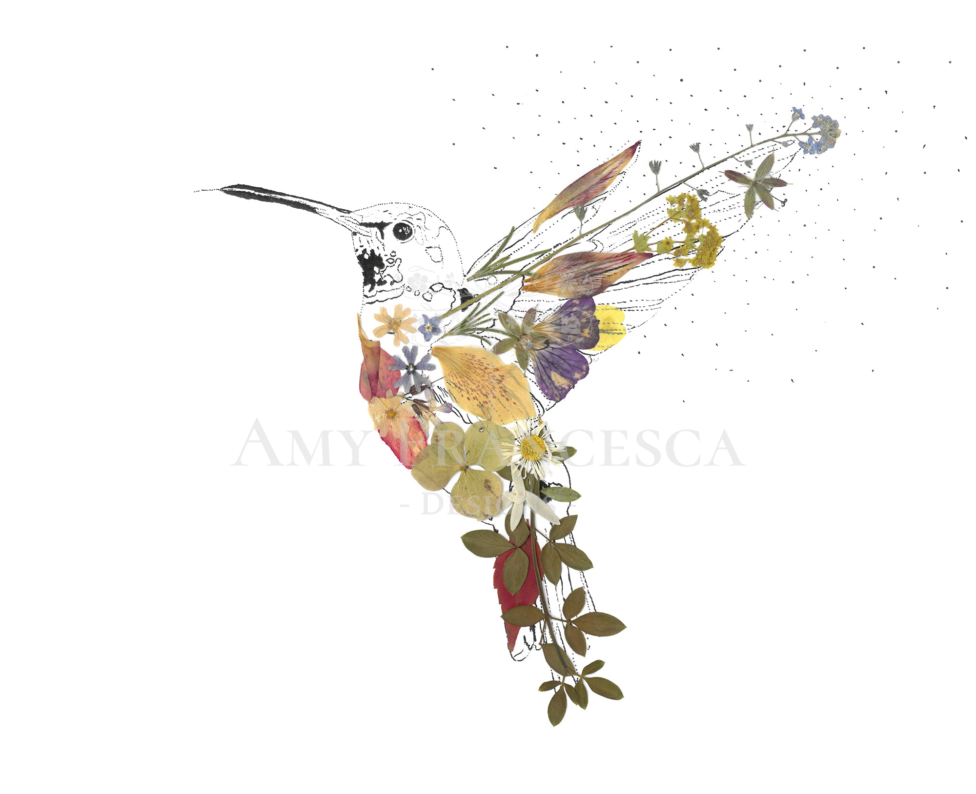 Illustration of a hummingbird with botanical elements integrated into the wings and body.