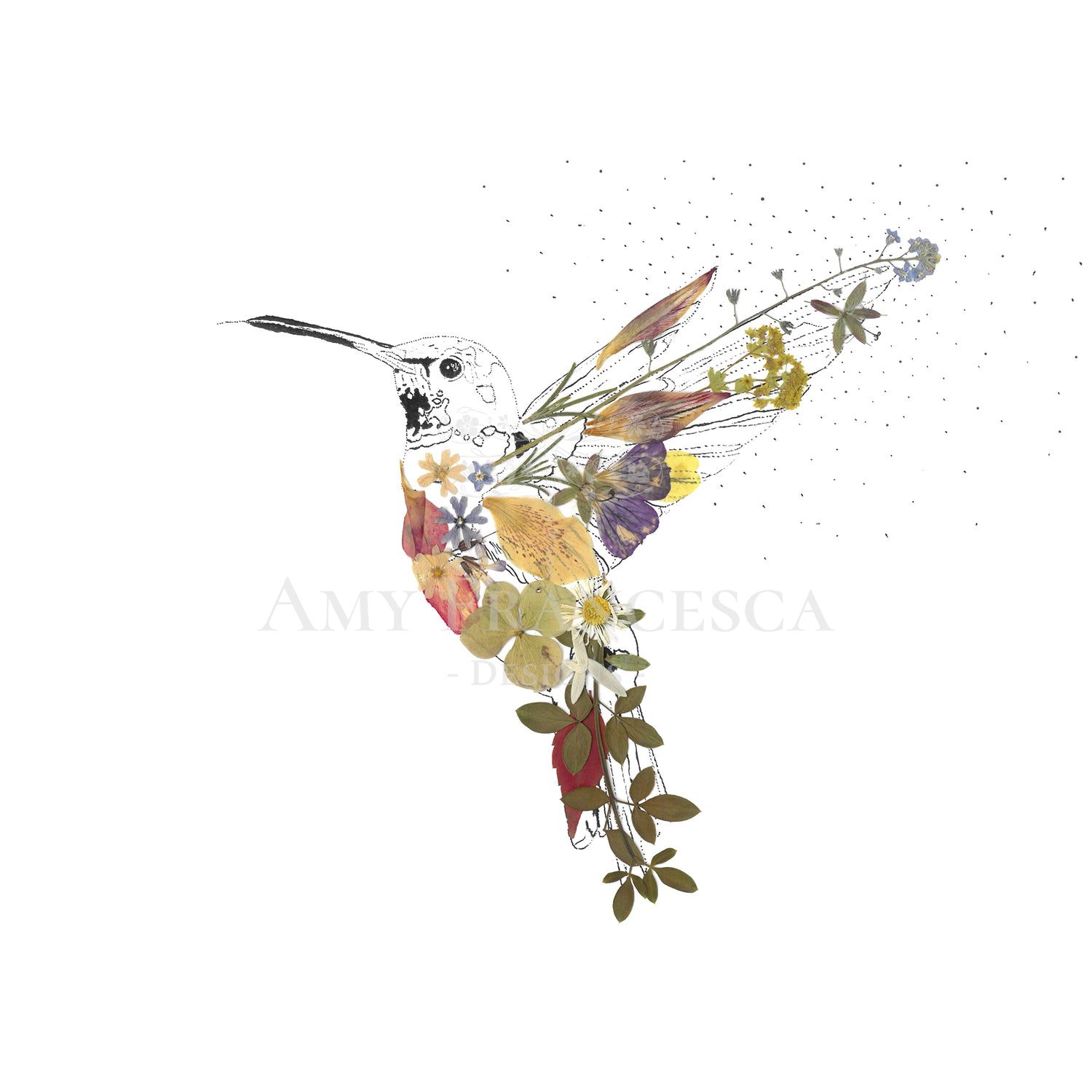 Illustration of a hummingbird with botanical elements integrated into the wings and body.