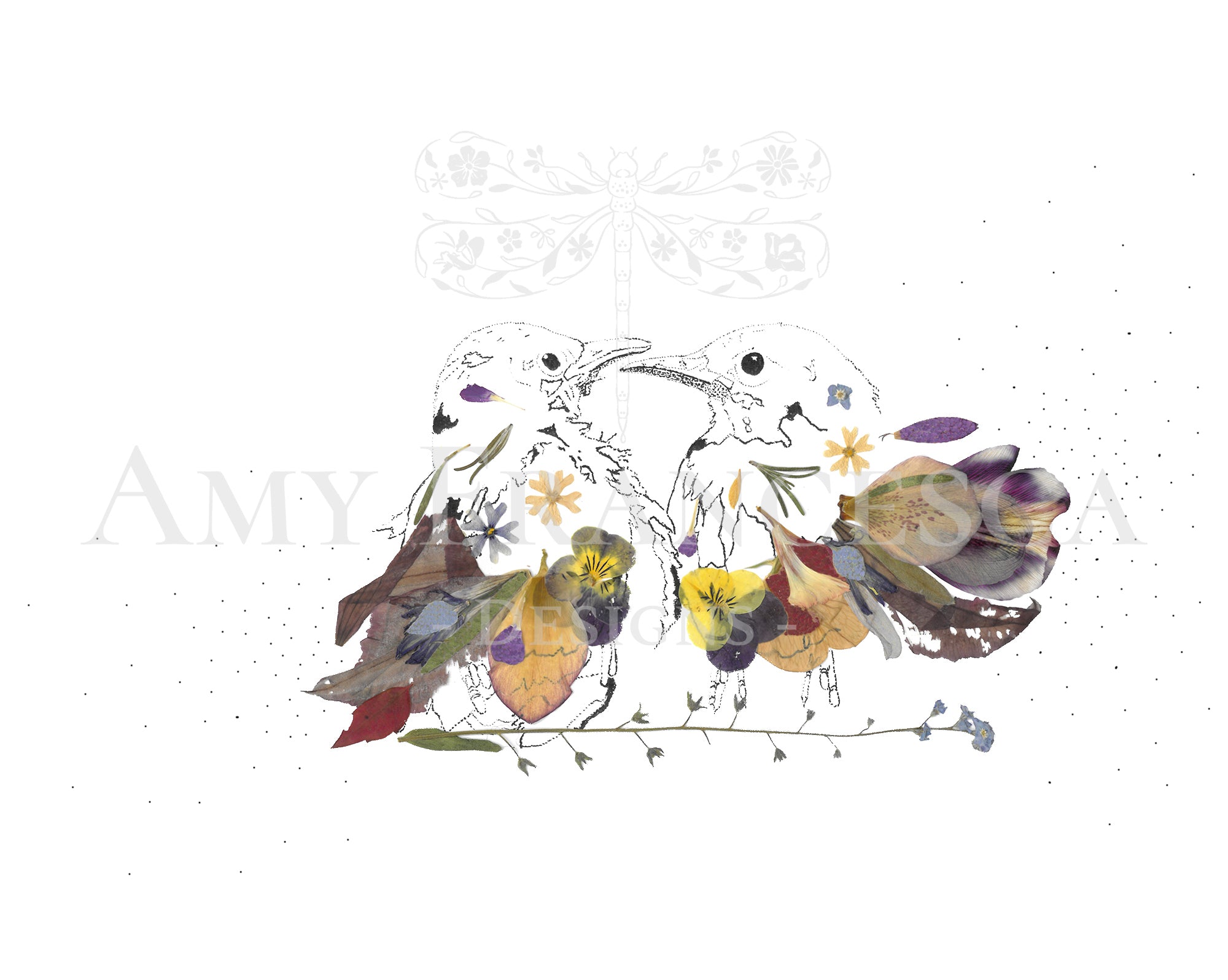 Illustration of two birds facing each other with botanical elements integrated into their bodies and wings.