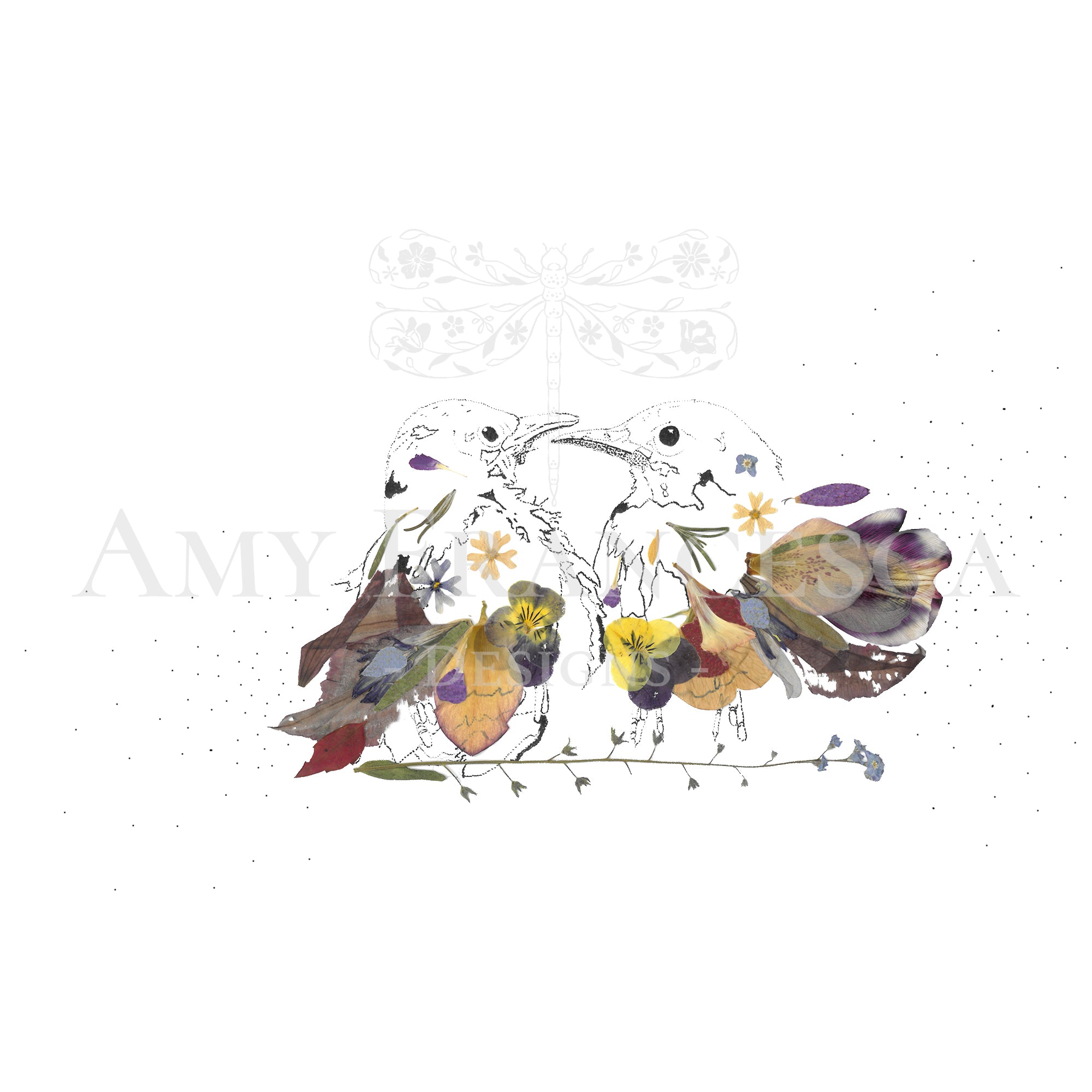 Illustration of two birds facing each other with botanical elements integrated into their bodies and wings.