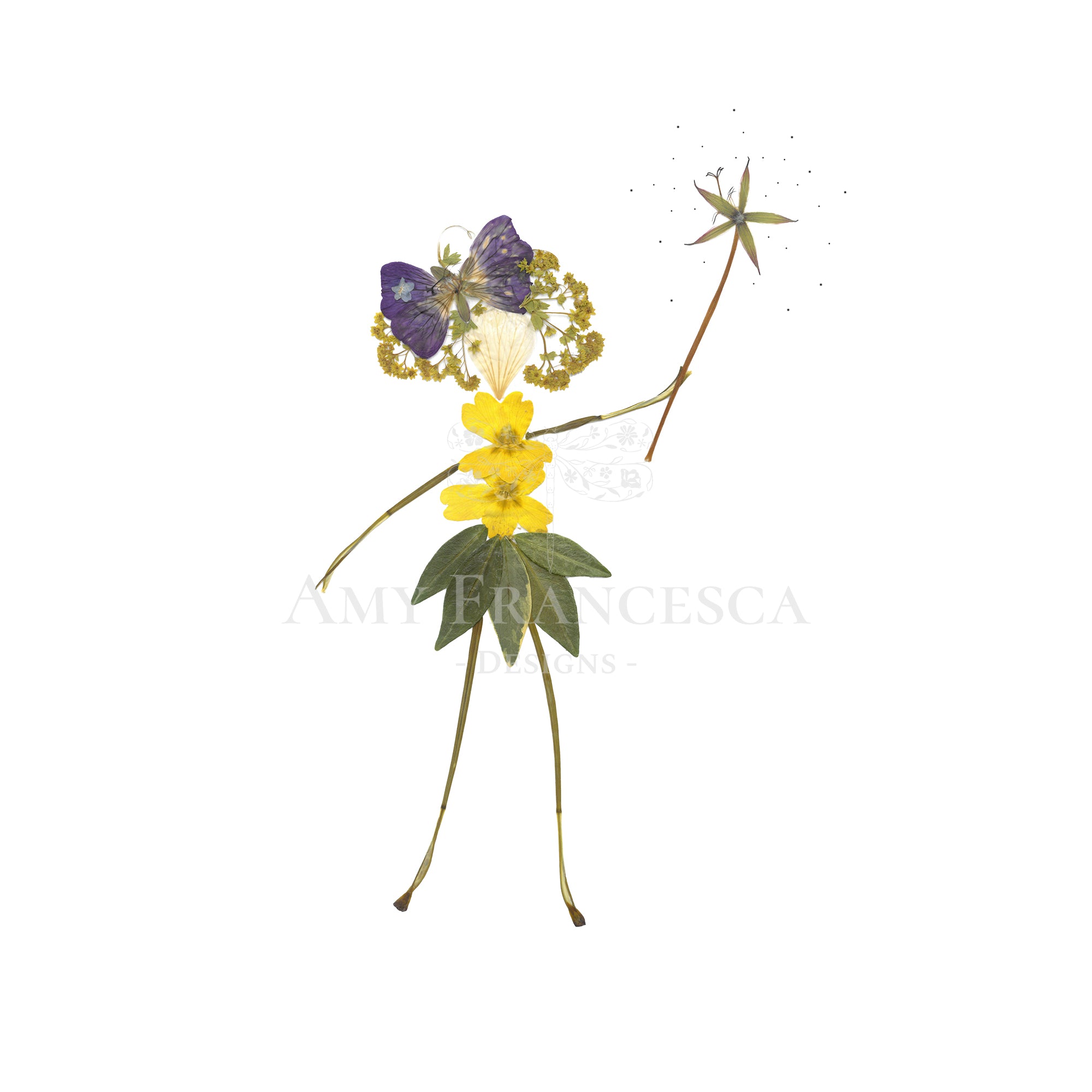 Botanical composition arranged to resemble a stylised figure made from pressed flowers and stems.
