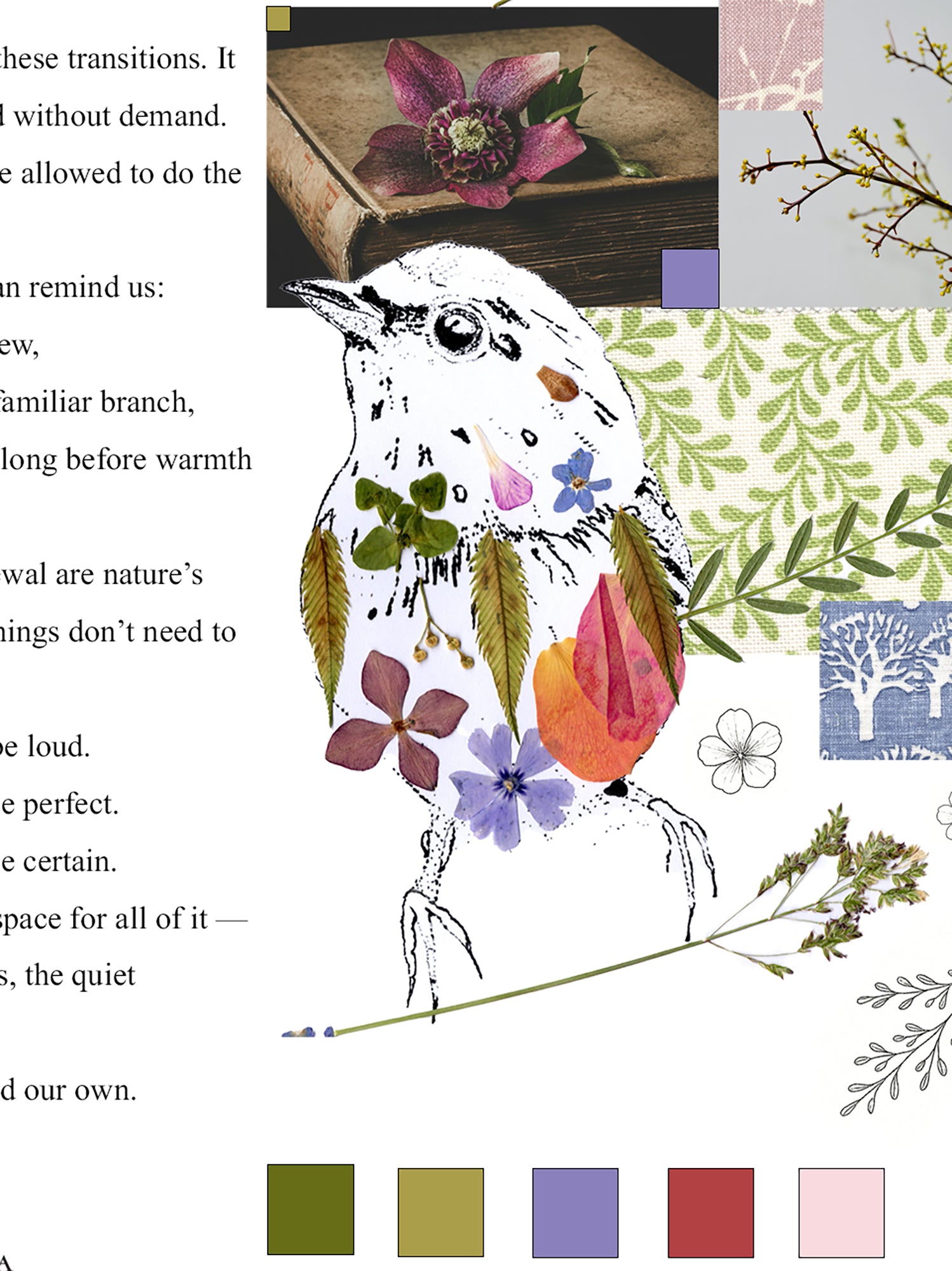 Collage combining a bird illustration with pressed flowers, botanical elements, colour swatches and a text panel on the left.