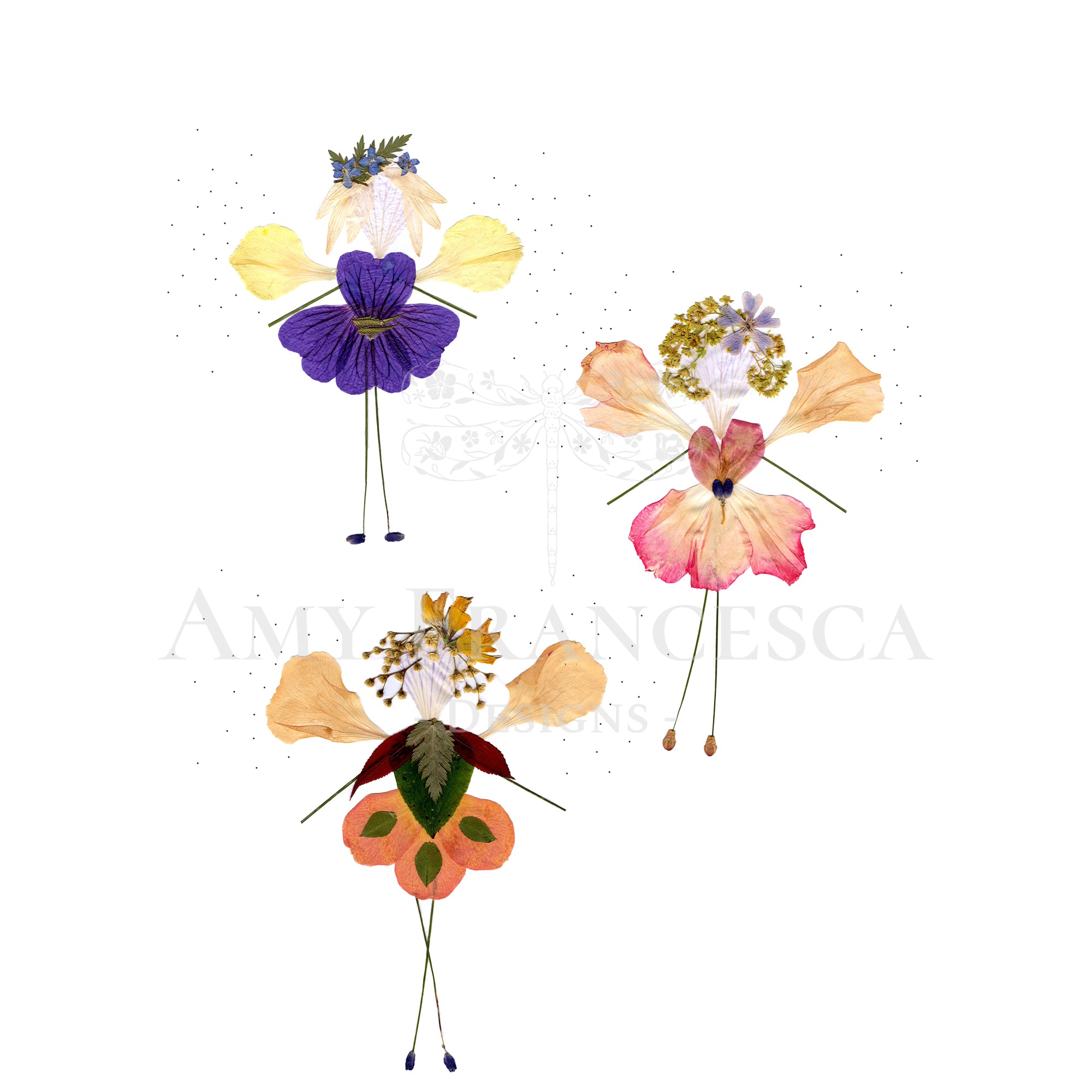 Three botanical figures arranged from pressed flowers and leaves to resemble stylised fairy‑like characters.