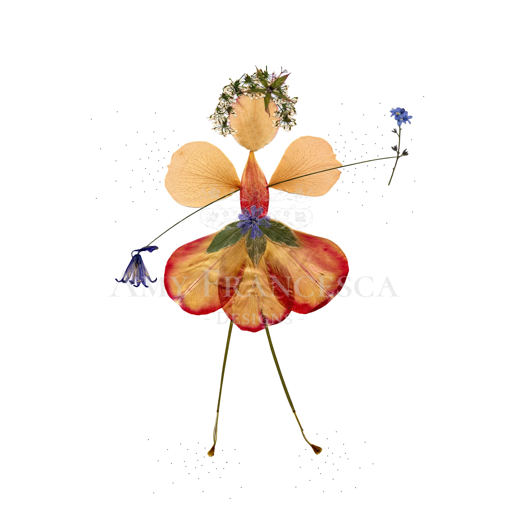 Botanical composition arranged to resemble a stylised figure with wings made from pressed flowers and leaves.