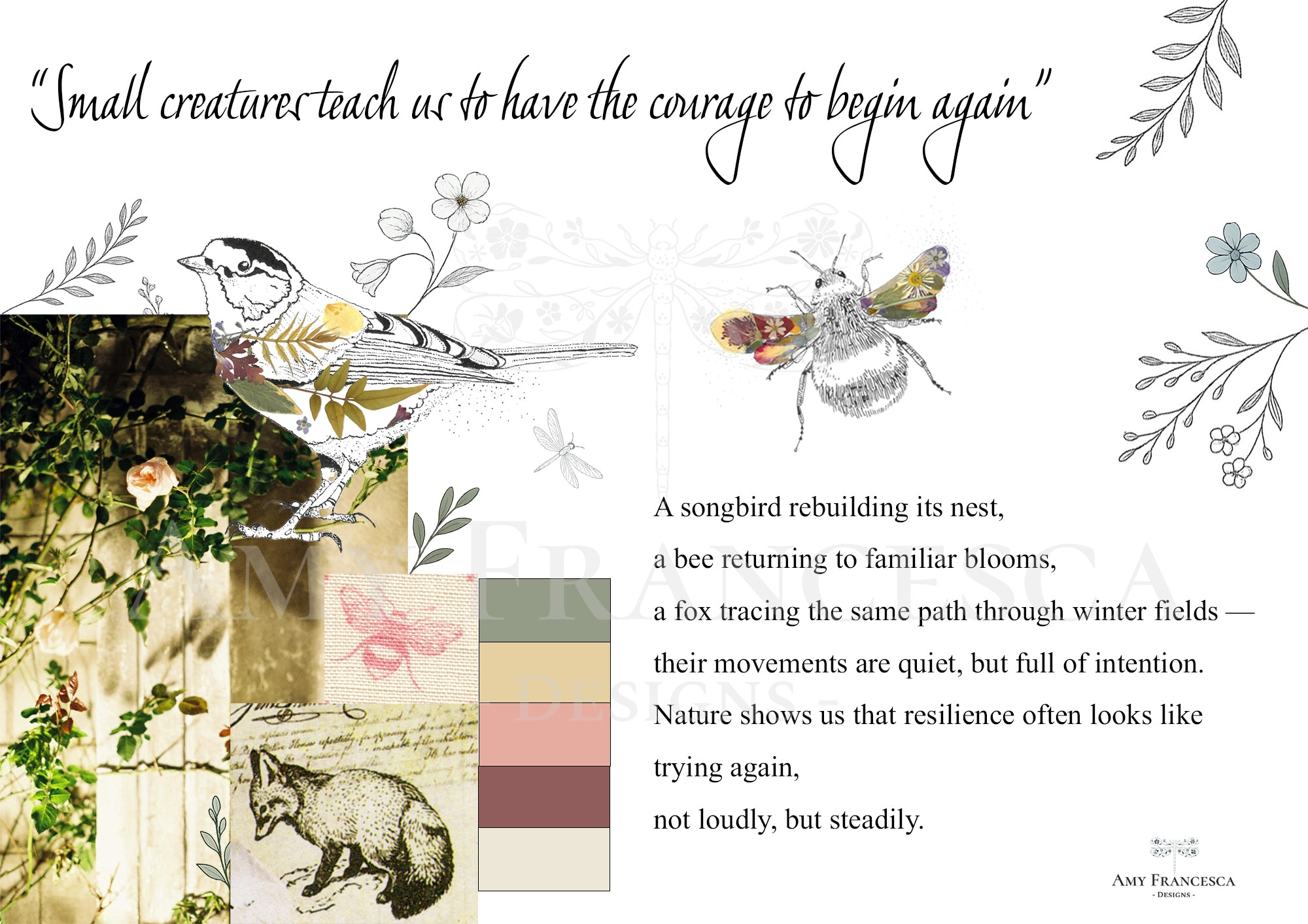 Illustrated quote piece featuring a bird, a bee and a fox with surrounding botanical details, a photograph of climbing roses, colour swatches and text.