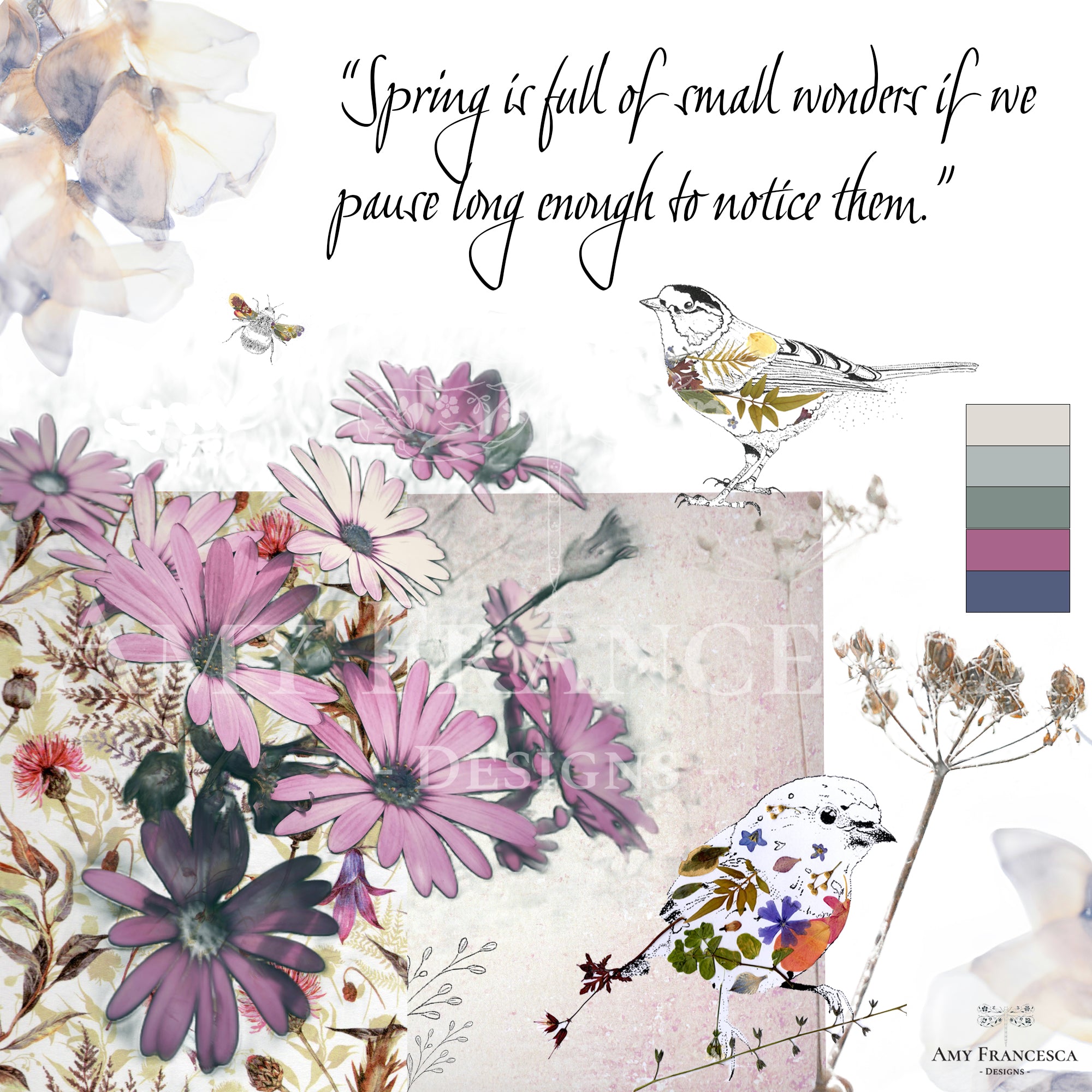 Illustrated quote piece featuring two birds with surrounding flowers, botanical details, a small bee and colour swatches, shown with text.