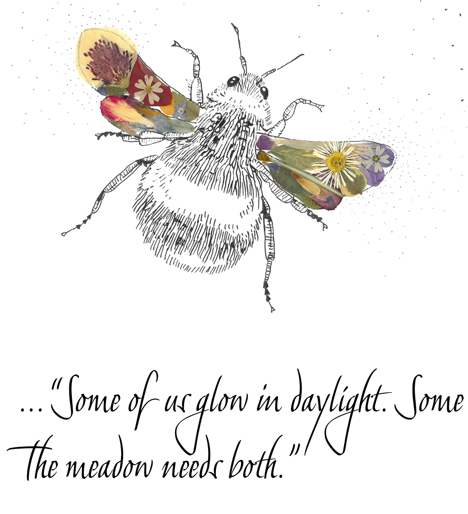 Illustration of a bee with surrounding dots and handwritten text on a white background.